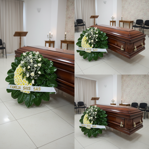 Collage de tres fotografías de un ataúd de madera con corona fúnebre de flores blancas y amarillas sobre el costado, en una sala de velatorio con sillas y atril