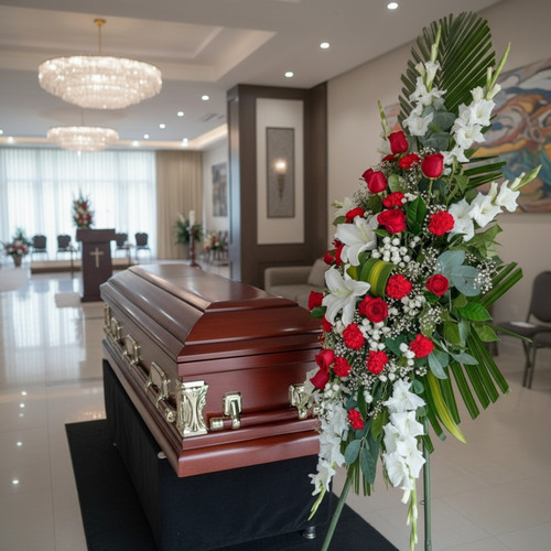 Ataúd de madera barnizada junto a un gran arreglo floral de rosas rojas y flores blancas en una sala de velación iluminada