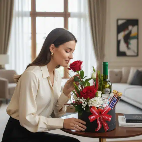 Mujer elegante oliendo una rosa roja de un arreglo floral CARLO con vino y chocolates en un ambiente de lujo.