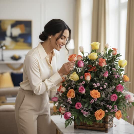 Mujer elegante admirando y tocando delicadamente un Arreglo DONNIA, una cesta grande con 34 rosas de colores variados (amaril