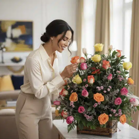 Mujer elegante admirando y tocando delicadamente un Arreglo DONNIA, una cesta grande con 34 rosas de colores variados (amaril