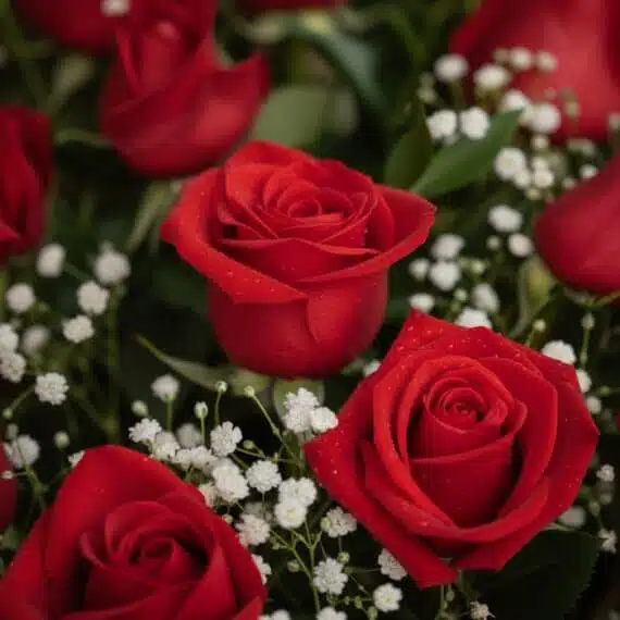 Primer plano extremo de rosas rojas vibrantes con gotas de rocío y pequeñas flores blancas, destacando la textura hiperrealis