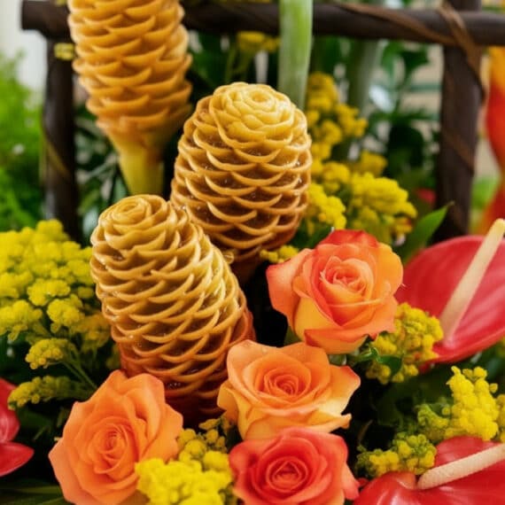 Primer plano extremo del Arreglo Floral Exótico Apolo, mostrando la textura hiperrealista de rosas naranjas, jengibre de colm