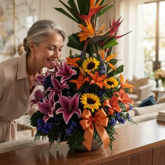 Mujer elegante de mediana edad admirando y oliendo un Arreglo Floral Exótico Armonía con lirios, girasoles y aves del paraíso