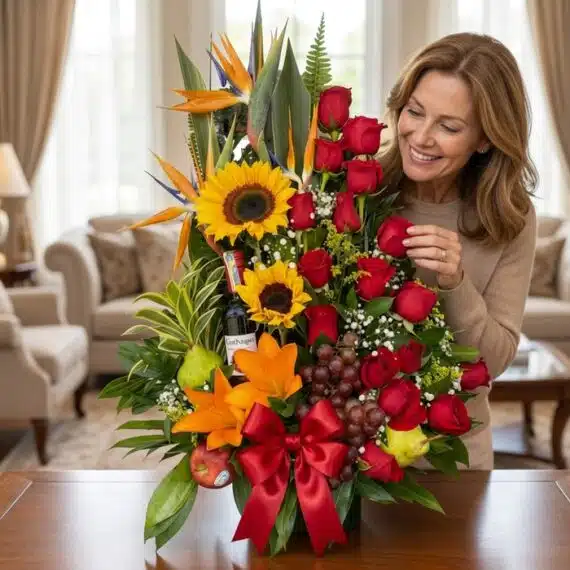 Mujer elegante admirando un Arreglo Floral con Frutas Especial, que incluye girasoles, rosas rojas, aves del paraíso, uvas, m