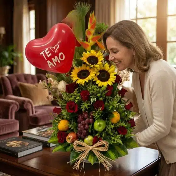 Mujer sonriente admirando un Arreglo Floral con Frutas Trópico, girasoles, rosas rojas y globo de corazón 'Te Amo' en un hoga