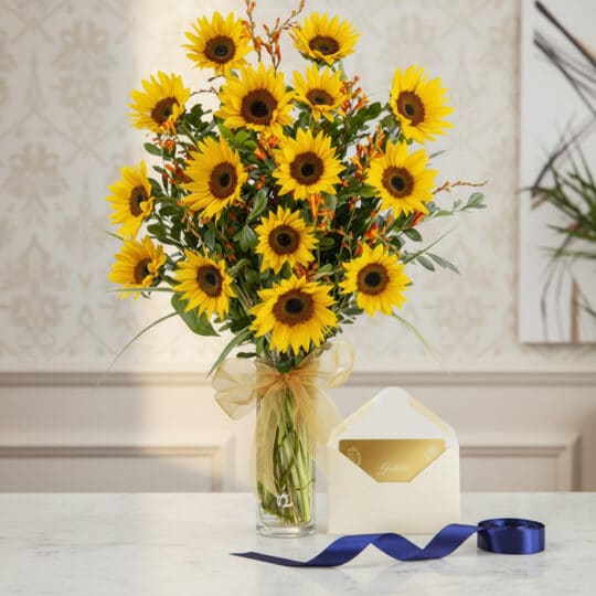 Arreglo floral de girasoles LENU en jarrón de cristal con lazo dorado, tarjeta de regalo elegante y cinta azul sobre mesa de