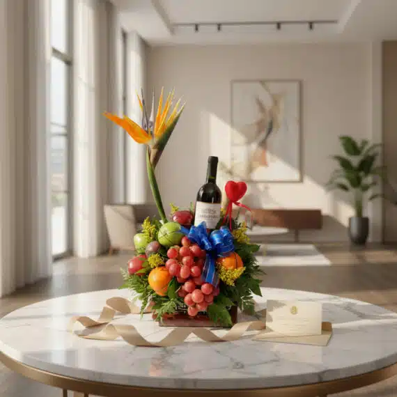 Arreglo floral gourmet ITALINA con vino tinto, uvas rojas, manzanas verdes, naranjas, flores de ave del paraíso y follaje ver