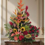 Arreglo floral IDARA con rosas rojas, girasoles, lirios, heliconias y jengibre rojo en un fondo elegante y bien iluminado.