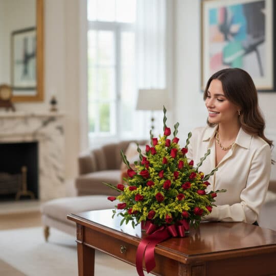 Mujer elegante admirando un Arreglo Floral con Rosas Cupido en un lujoso interior de hogar con luz natural suave y fondo dese