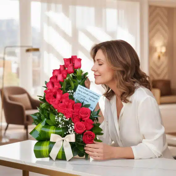 Mujer elegante admirando y oliendo un Arreglo Floral con Rosas Voluta rojas en un lujoso interior de hogar con luz natural su