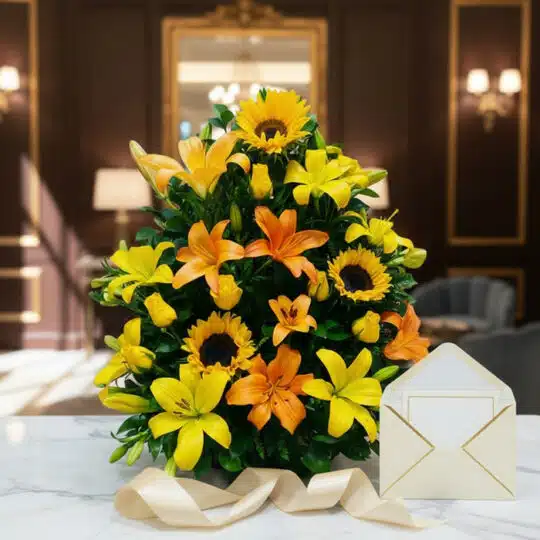 Arreglo floral tropical vibrante con lirios amarillos y naranjas, girasoles y follaje verde, sobre una mesa de mármol en un e