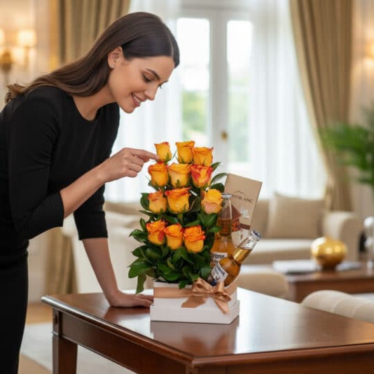 Mujer elegante admirando el Arreglo Floral Zeus con rosas amarillas y cervezas, en un lujoso interior de hogar.