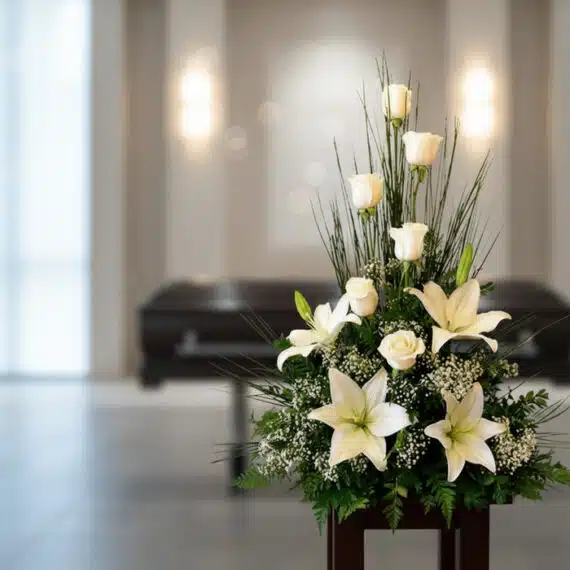 Arreglo fúnebre 'Descanso Eterno' con lirios y rosas blancas, follaje verde, en sala de velación moderna con ataúd desenfocad