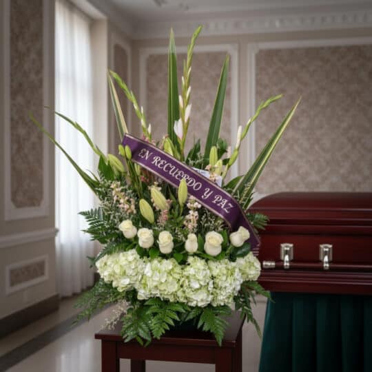 Arreglo floral fúnebre "Eterno Descanso" con rosas blancas, lirios y gladiolos, cinta morada "En Recuerdo y Paz", en sala de