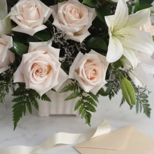 Fotografía macro premium del Arreglo Fúnebre Inmortal, destacando rosas y lirios blancos con rocío sutil, follaje verde y cin