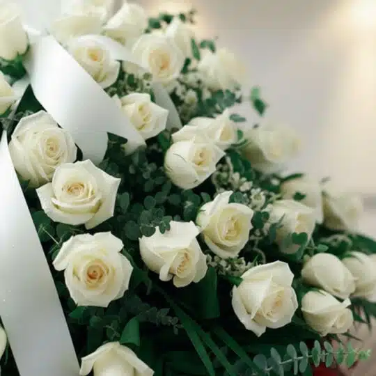 Primer plano de arreglo fúnebre cubre caja con rosas blancas frescas, follaje verde y rocío sutil. Cinta satinada blanca y pr