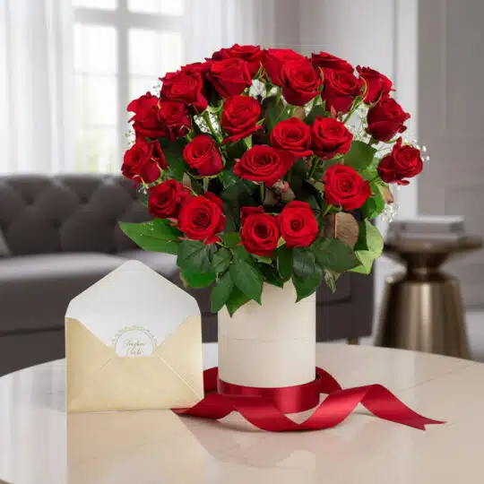 Arreglo floral JIANNA con 25 rosas rojas frescas en jarrón blanco, tarjeta de regalo dorada y cinta de satén rojo sobre mesa