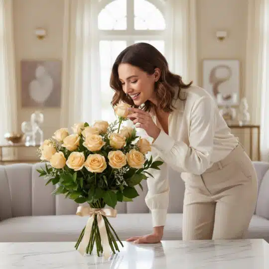 Mujer elegante admirando y oliendo un hermoso bouquet de 12 rosas Celestina color crema en un lujoso interior de hogar con lu