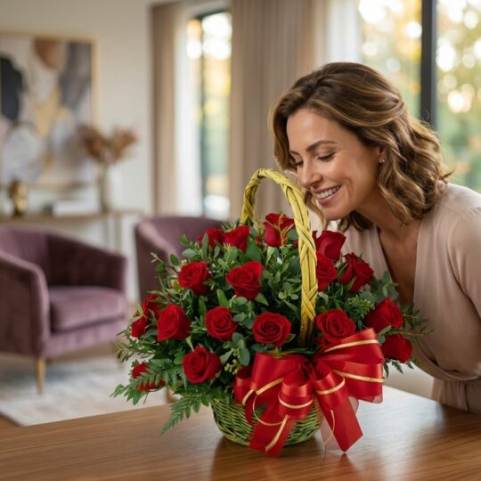 Mujer elegante y feliz admirando una canasta floral con 24 rosas rojas y follaje verde, atada con un moño rojo, en un hogar d