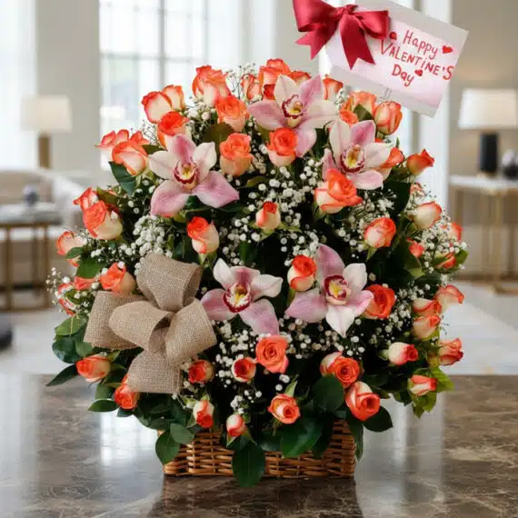 Canasta de Rosas y Orquídeas: Regalo Elegante para San Valentín Canasta de rosas naranjas y orquídeas rosadas en un arreglo floral elegante con un lazo de arpillera y una tarjeta de 'Happy