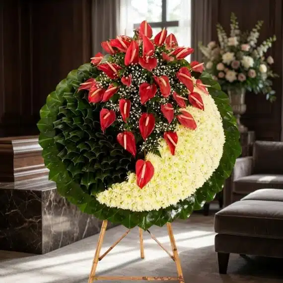 Corona Fúnebre a Tu Memoria: Elegancia y Respeto en Cada Pétalo Impresionante corona fúnebre con anthuriums rojos y crisantemos blancos, presentada en una sala de velación premium con luz n