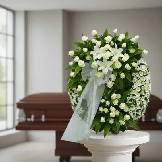 Corona fúnebre Legado Jacob con rosas blancas, lirios y margaritas, sobre pedestal blanco en sala de velación moderna.