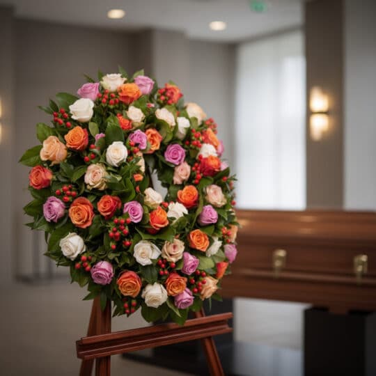 Corona fúnebre Atalia con rosas blancas, naranjas y moradas, dispuesta en una sala de velación moderna con luz natural y un a