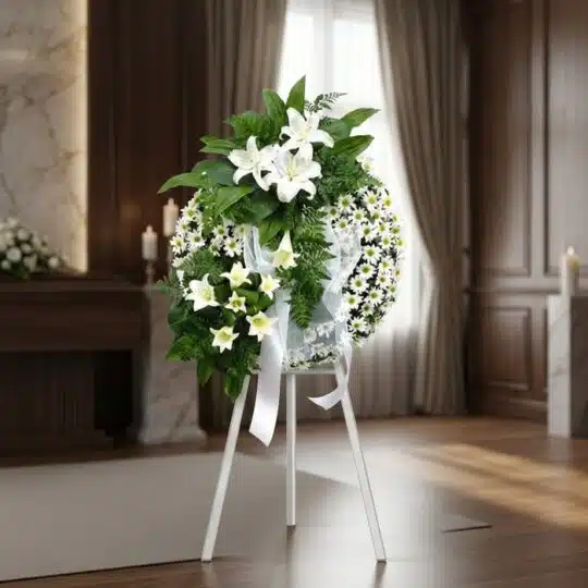 Corona de homenaje "El Vuelo de Uriel" con lirios blancos, margaritas y follaje verde, sobre un trípode blanco en una sala de