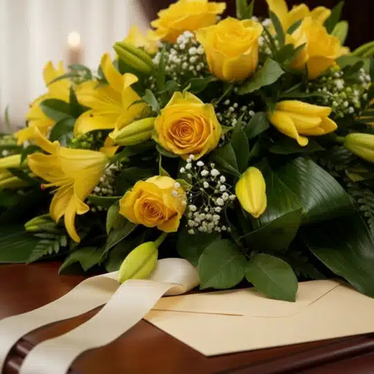 Primer plano de un cubre caja fúnebre con rosas amarillas, lirios y follaje verde, con rocío sutil y una cinta satinada. Prof