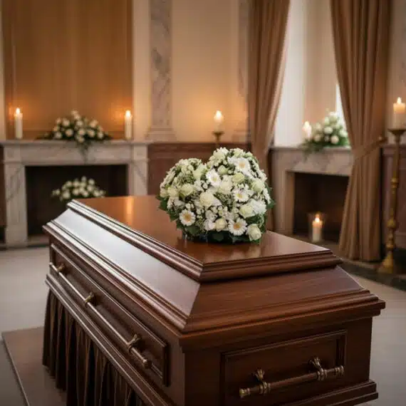 Arreglo floral en forma de corazón con rosas blancas y margaritas, colocado sobre un ataúd de caoba brillante en una sala de