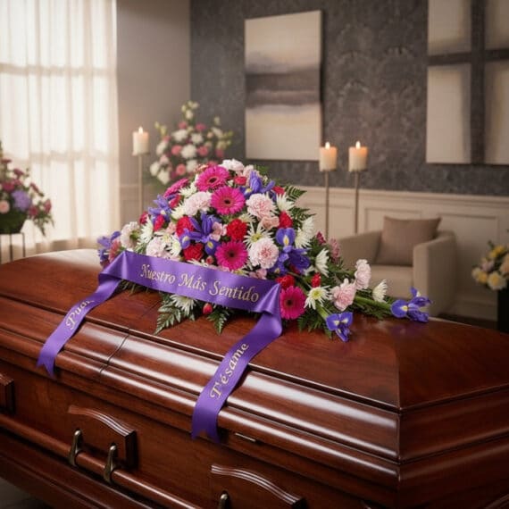 Cubre caja fúnebre 'El Legado de Francisco' con un arreglo floral vibrante de gerberas, claveles e iris, y una cinta morada c