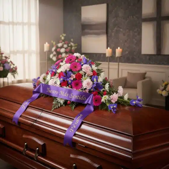 Cubre caja fúnebre 'El Legado de Francisco' con un arreglo floral vibrante de gerberas, claveles e iris, y una cinta morada c