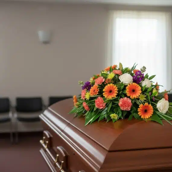Cubre caja fúnebre 'Paz Eterna' con flores variadas en tonos naranja, blanco y morado, sobre un ataúd de madera en una sala d