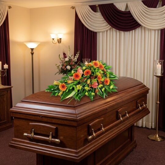 Cubre caja fúnebre 'Paz Eterna' con flores frescas y vibrantes sobre un ataúd de madera oscura en un entorno elegante y bien