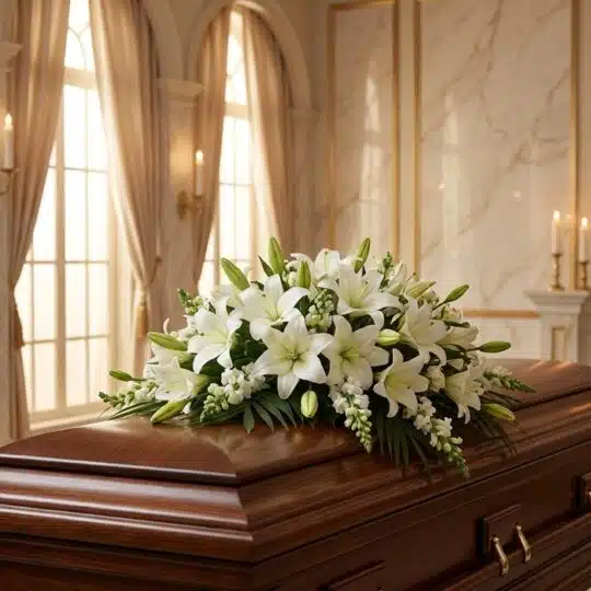 Cubre caja fúnebre 'Legado de José' con rosas blancas y lirios, sobre un ataúd de madera oscura en un entorno elegante y sole