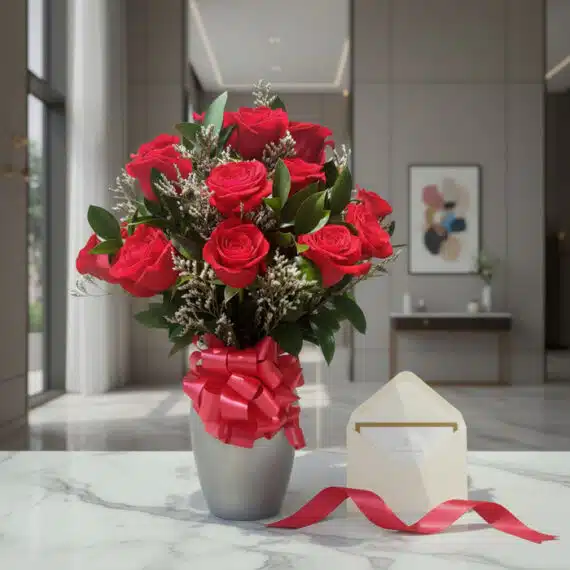 Jarrón de 12 rosas rojas frescas con follaje, sobre una mesa de mármol, acompañado de una tarjeta de regalo elegante y una ci