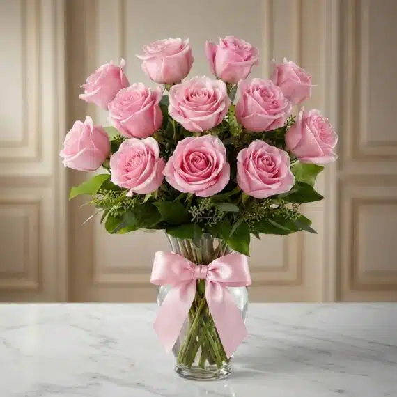 Jarron Allegria: 12 Rosas Rosadas Frescas para Expresar Pura Alegría Jarron Allegria con doce rosas rosadas vibrantes y abiertas, adornado con un elegante moño rosa, sobre una superficie de márm