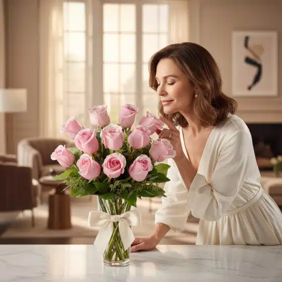 Mujer elegante admirando y oliendo un hermoso ramo de 12 rosas rosadas en un jarrón de cristal con moño, en un lujoso interio