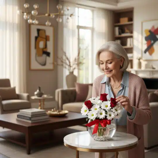 Mujer elegante de cabello plateado admira un Jarron Floral Antonietta con rosas rojas y margaritas blancas en un lujoso salón