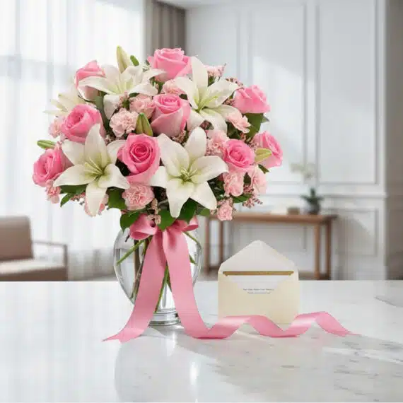 Elegante jarrón de cristal con rosas rosadas, lirios blancos y claveles, adornado con cinta rosa y tarjeta de regalo, sobre m