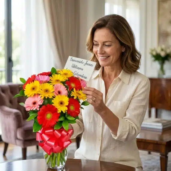 Mujer elegante de mediana edad sonriendo mientras lee una tarjeta junto a un vibrante jarrón de gerberas multicolores en un l