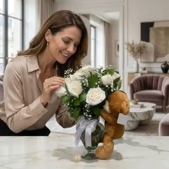 Mujer elegante admira el Jarrón Llévame Contigo con rosas blancas y un osito de peluche, en un interior de hogar de alto dise