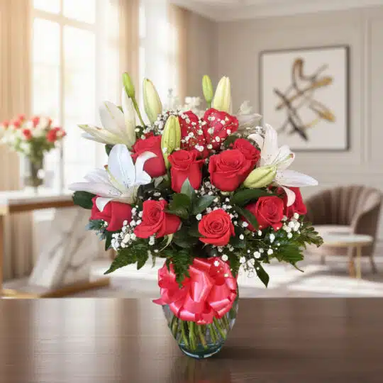 Jarrón Otoño con un elegante arreglo floral de rosas rojas vibrantes, lirios blancos puros y follaje verde, sobre una mesa de