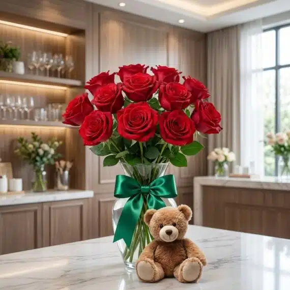 Jarrón Te Adoro: Rosas Rojas Vibrantes y Oso de Peluche Jarrón Te Adoro con doce rosas rojas frescas y abiertas, lazo verde esmeralda, y un oso de peluche marrón sentado en una mesa