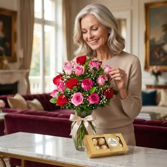 Mujer elegante admirando el Jarrón Te Extraño, un arreglo floral de rosas rojas y rosadas, acompañado de chocolates Ferrero R