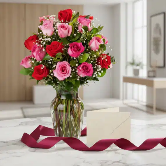 Jarrón Te Extraño con un ramo de rosas rojas y rosadas, follaje verde y flores de aliento de bebé, sobre una mesa de mármol c