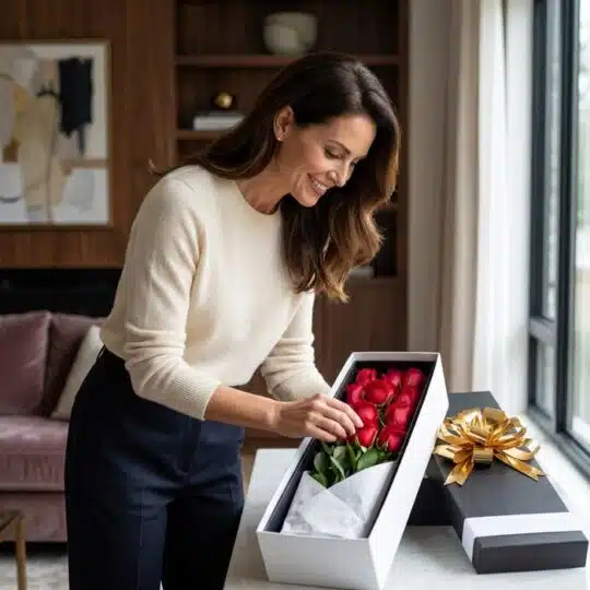 Mujer elegante de mediana edad con suéter crema y pantalones oscuros, sonriendo mientras admira una caja blanca con doce rosa