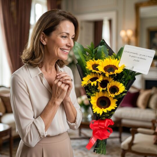 Mujer de mediana edad sonriendo con deleite mientras admira un hermoso ramillete de girasoles envuelto en papel negro y un mo