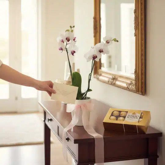 Arreglo floral Orquídea ESTRELLA de doble vara con flores blancas y centro morado, lazo rosa, caja de chocolates Ferrero Roch